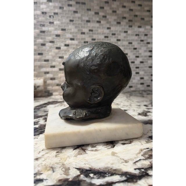 1960s Signed Mid-Century Modern Bronze Infant Bust on Marble Base For Sale - Image 4 of 10