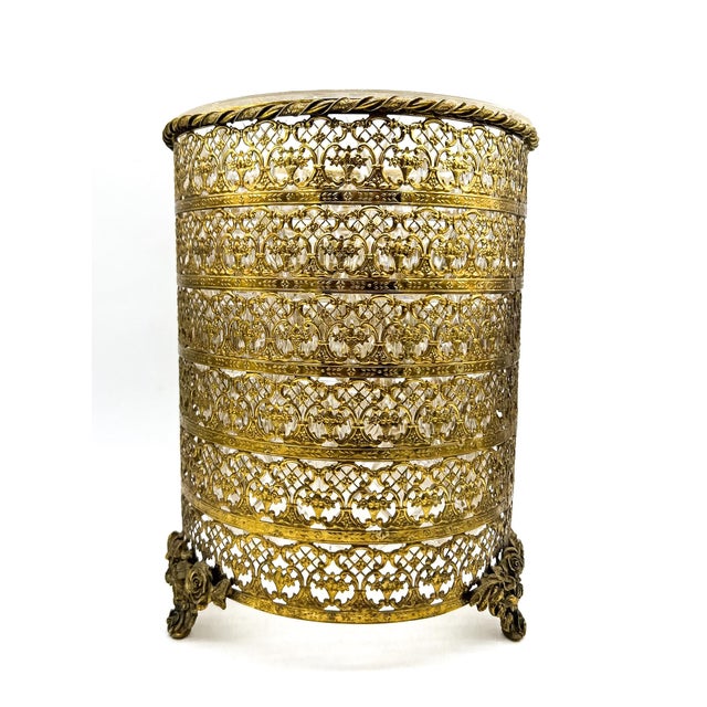 Metal Vintage Brass Filigree Wastebasket With Rose Motif & Acrylic Liner – Hollywood Regency / Romantic For Sale - Image 7 of 14