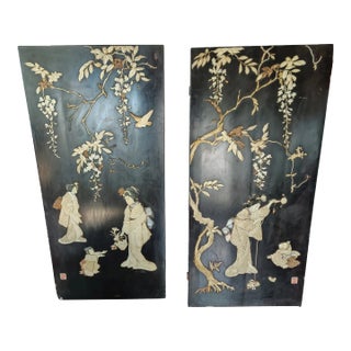 Antique Japanese Black Lacquer Wall Panels- Set of 2 For Sale