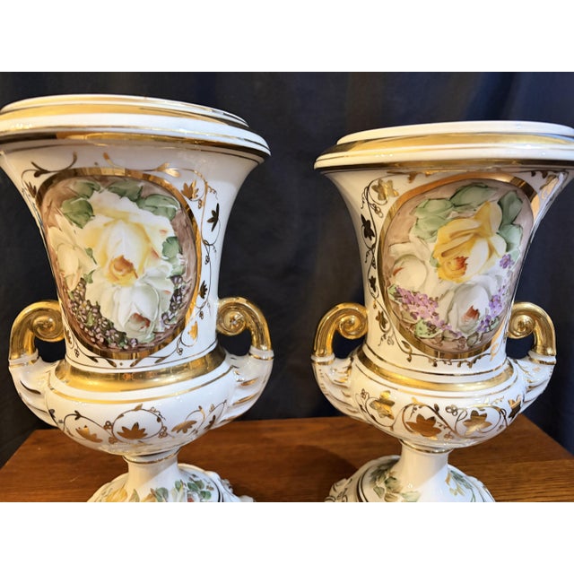 Ceramic Antique Pair French Edwardian Campana Porcelain Urns Vases Still Life Flowers For Sale - Image 7 of 8