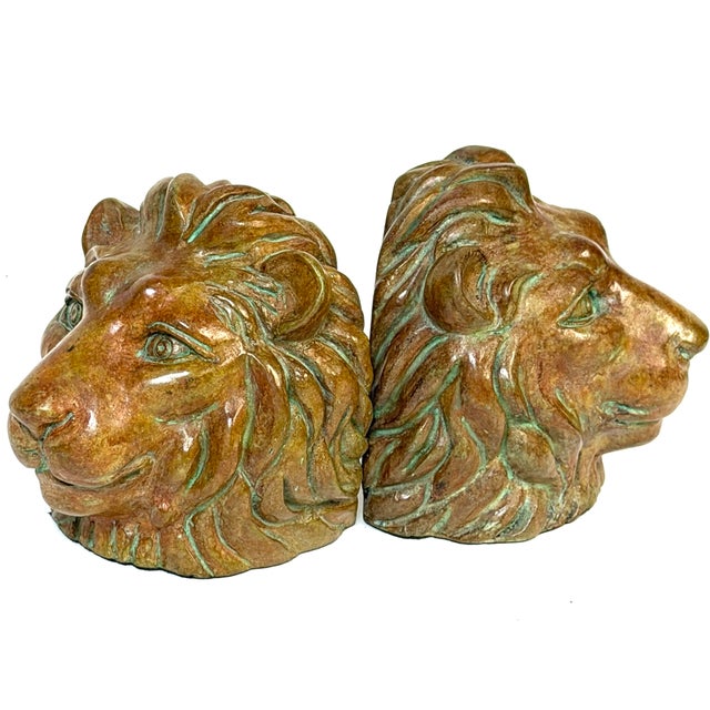Bronze Pair of Regal Bronze Lion Head Bookends with Verdigris Patinated Highlights For Sale - Image 8 of 11