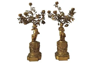 Antique French Gilt Bronze Candelabra Cherubs - a Pair