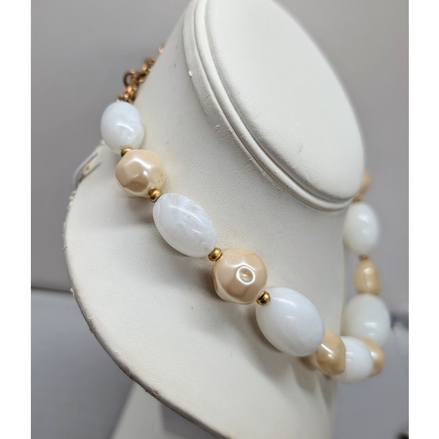 1980s Vintage 1980s Signed Givenchy Goldtone White Beaded Faux-Pearl Necklace For Sale - Image 5 of 9
