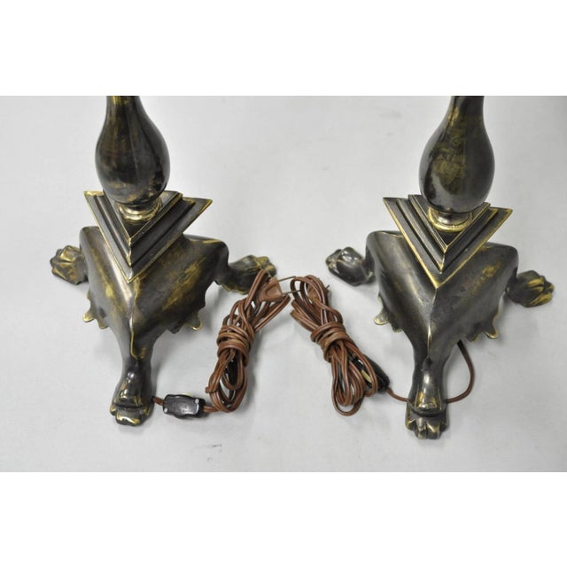 Late 20th Century Frederick Cooper French Empire Brass Patina Trumpet Candelabra Table Lamp Pair For Sale - Image 10 of 12