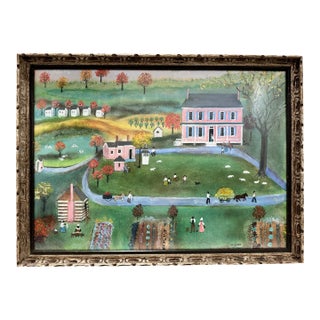 Mid 20th Century W. Gibbs Signed Folk Art Farm Landscape Pastel Framed For Sale