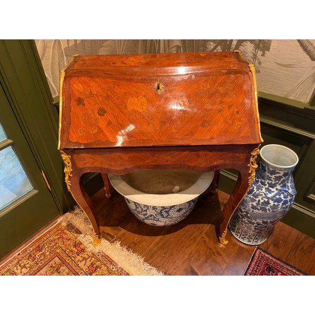 Wood Mid 18th Century Louis XV Bronze-Mounted Parquetry and Marquetry Bureau a Pente Secretaire For Sale - Image 7 of 12