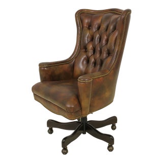 Hancock & Moore Tufted Brown Leather Office Desk Chair For Sale