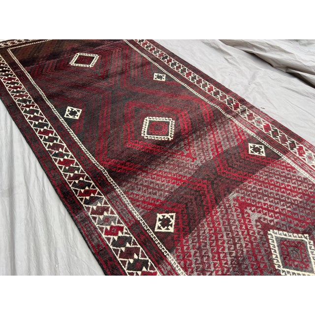 Islamic Vintage Afghan Baluchi Hand-Knotted Wool Runner | Deep Burgundy & Ivory Tribal Diamond Rug For Sale - Image 3 of 10