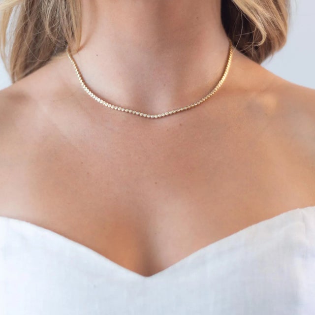 Modern Rocks With Soul Yellow Gold Perfect Everyday Bezel Set Diamond Tennis Necklace For Sale - Image 3 of 3