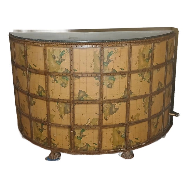 1950s Vintage Brass Marble Wood and Leather World Map Large Half Circle Dry Bar For Sale
