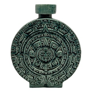 Vintage Mexican Aztec Sun Stone Decanter Bottle Green Glaze Rare (E-6). For Sale