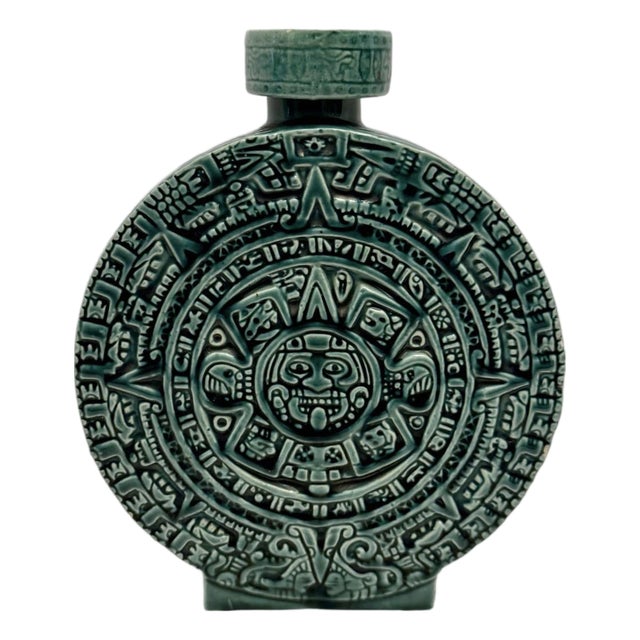 Vintage Mexican Aztec Sun Stone Decanter Bottle Green Glaze Rare (E-6). For Sale