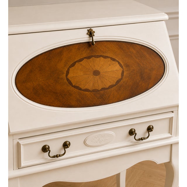Late 20th Century Vintage French Provincial Inlaid Secretary Desk-White Painted Finish- Drop-Front Writing Desk For Sale - Image 5 of 6
