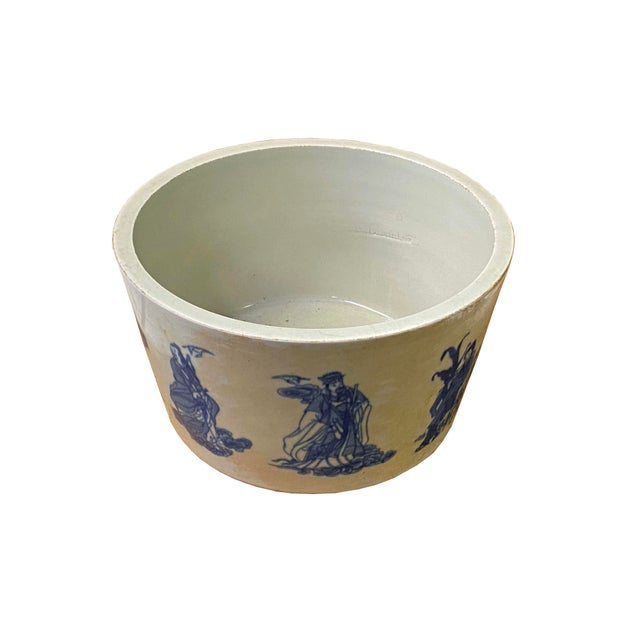 Vintage Finish Off White Blue Immortal Graphic Porcelain Round Pot Planter For Sale - Image 4 of 8