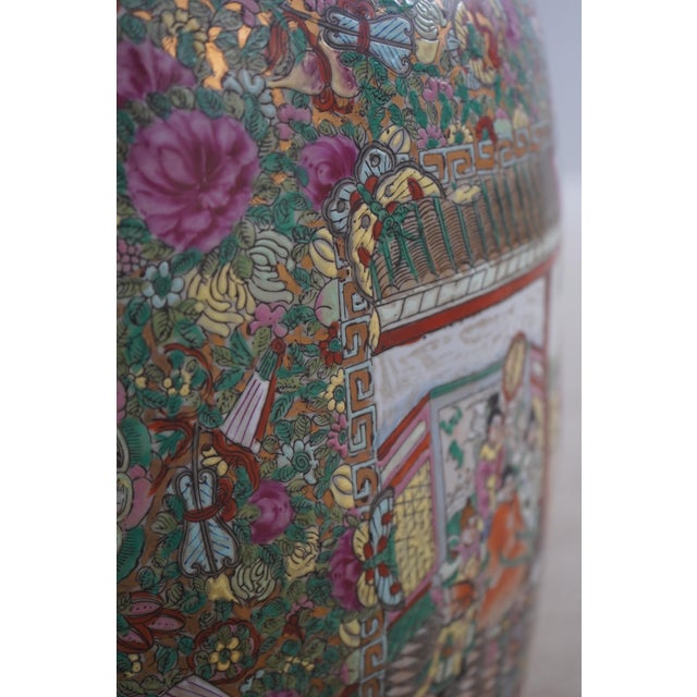 Large Chinese Porcelain Rose Medallion Floor Vase on Stand For Sale - Image 4 of 13