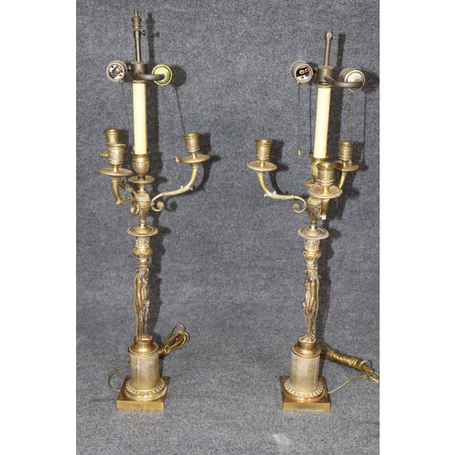 Gold Pair Figural French Figural Maidens Empire Style Gilt Metal Candelabras Lamps For Sale - Image 8 of 9