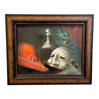 1990s Still Life Oil Painting of Masque/Hat by Cal. Artist Kathi Colman For Sale