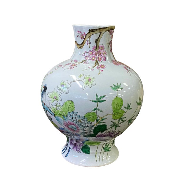 2010s Chinese White Porcelain Colorful Flowers Theme Vase Display For Sale - Image 5 of 7