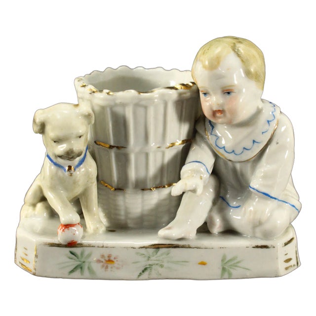 1880's German Conta & Boehme Porcelain Match Holder & Striker Baby & Puppy For Sale