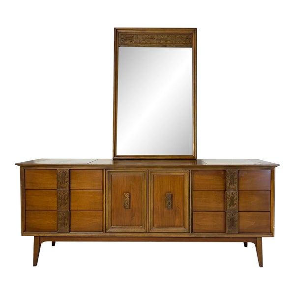 1960s Bassett Mayan Walnut Credenza Long Dresser With Marble Insets No  Mirror | Chairish