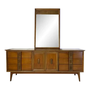 1960s Bassett Mayan Walnut Credenza Long Dresser With Marble Insets No Mirror