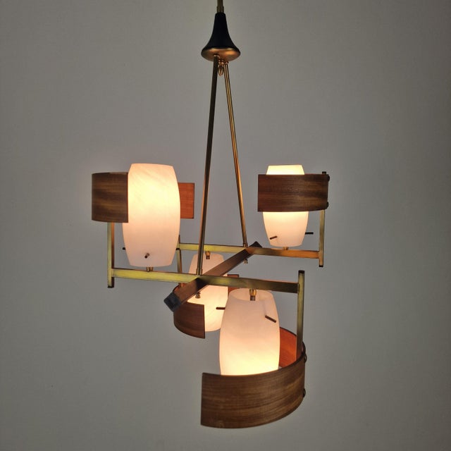 Black Mid-Century Italian Brass, Teak and Opaline Glass Chandelier attributed to Stilnovo, 1960s For Sale - Image 8 of 14