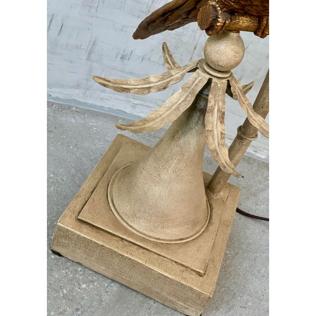 Ivory Vintage 1970’s Palm Beach, Hollywood Regency, Safari Bronzed Macaw Parrot Perched in a Tole Painted Tropical Palm Tree Table Lamp With Matching Shade For Sale - Image 8 of 12