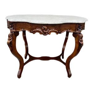 Early 20th Century Antique Victorian Rococo Style Walnut Marble Top Center Table