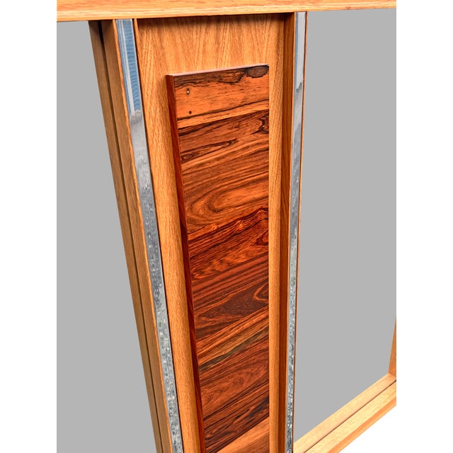 Vintage Brutalist Modern Design Wall Mirror in Rosewood and Oak Mixed Woods For Sale - Image 4 of 5