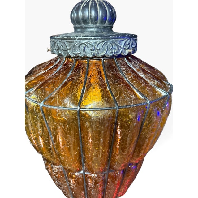 Amber Vintage Amber Textured Glass Swag Pendant Lamp With Decorative Metal Cage, Newly Rewired For Sale - Image 8 of 8