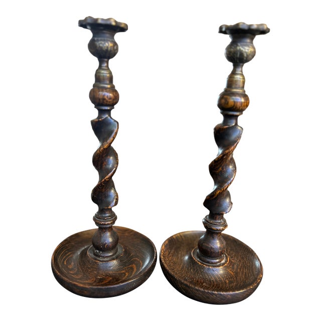 Antique English Barley Twist Tiger Oak Candlesticks With Brass Cobeches For Sale