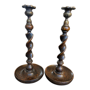 Antique English Barley Twist Tiger Oak Candlesticks With Brass Cobeches