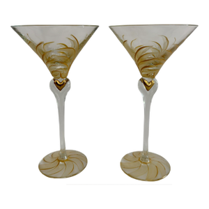 Art Glass Martini Glasses With Gold Swirl Heart Stem, Pair
