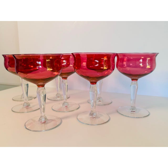 Glass Vintage 1960s Cranberry Iridescent Glass Coupe Stems, Set of 8 For Sale - Image 7 of 7