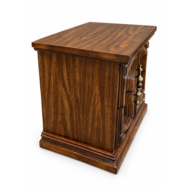 Spanish Revival 1970s Spanish Mediterranean Revival Carved Pecan Two-Drawer Nightstand For Sale - Image 3 of 6