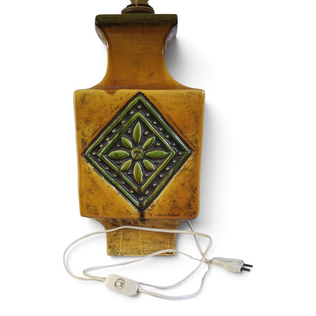 Forest Green Mustard Yellow Glazed Ceramic Lamp with Floral Diamond Pattern, Vallauris, France, 1960s For Sale - Image 8 of 13