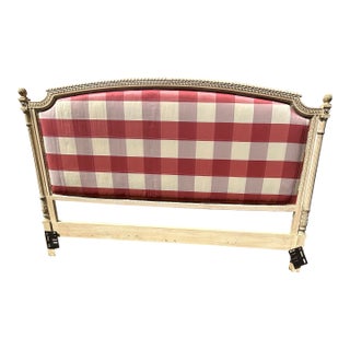 French Provincial Style Carved Wood King Headboard With Checked Fabric For Sale