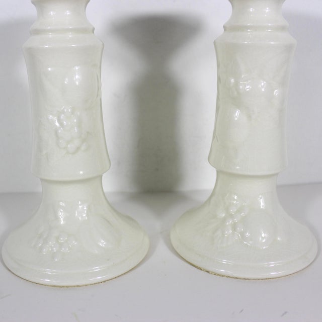 Late 19th Century Antique Royal Worcester Crown Ware England Porcelain White Raised Fruit Beaded Rim Candlesticks, a Pair For Sale - Image 5 of 11