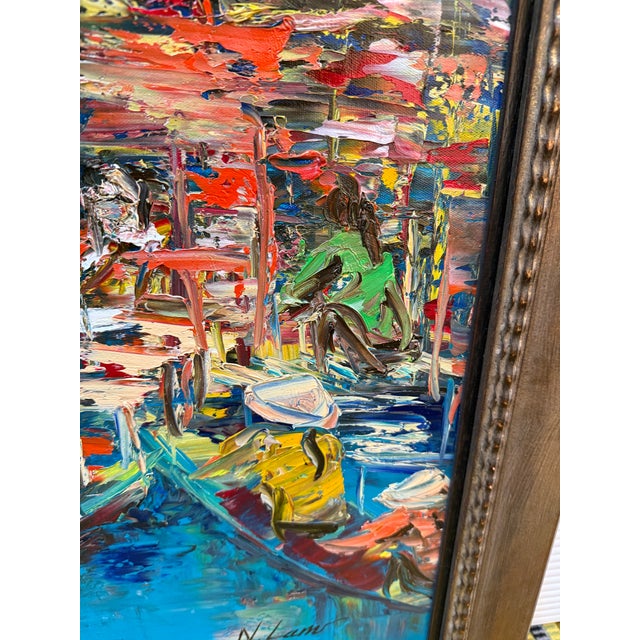 1990s Nguyen Lam Abstract Expressionist Harbor Scene Original Oil Painting, Signed For Sale - Image 5 of 12