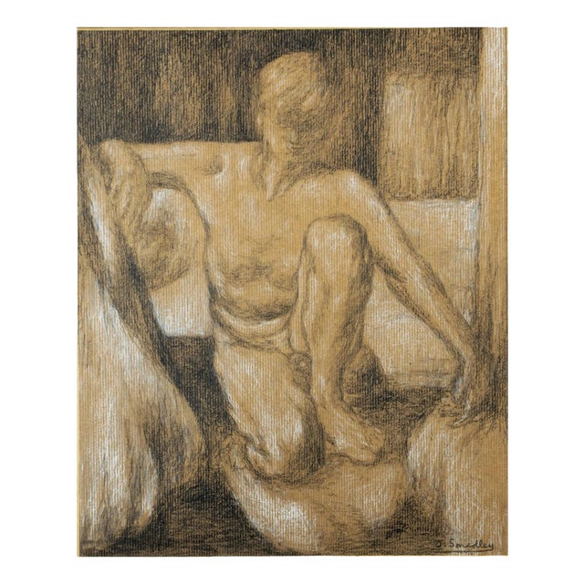 Joseph Smedley, Seated Male Nude, 20th Century, Charcoal and Chalk Drawing For Sale