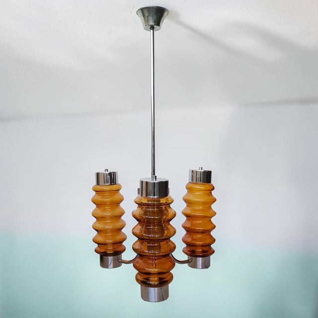Tall Mid-Century Modern Chandelier in Amber Brown Glass and Chrome, 1970s For Sale - Image 6 of 10