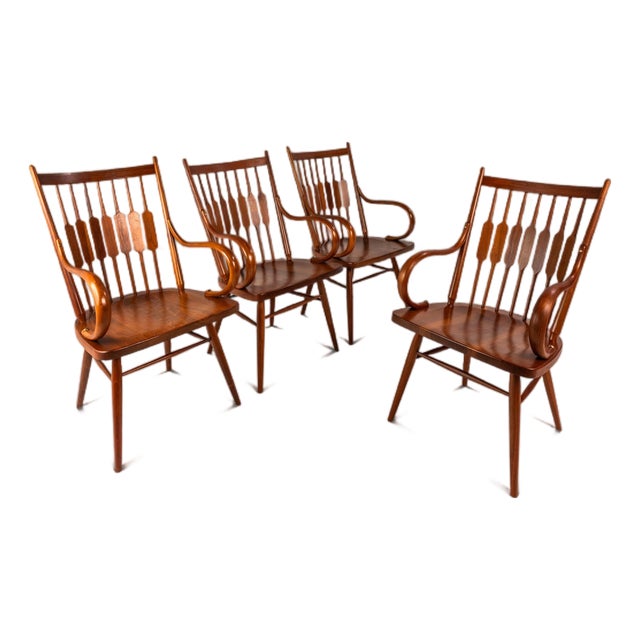 Set of Four (4) Mid-Century Modern Windsor "Centennial" Dining Armchairs in Solid Walnut Attributed to Kipp Stewart for Drexel, Usa, C. 1960's For Sale