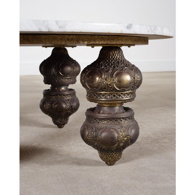Metal Bohemian Bronze Mace Finial Cocktail Table Carrara Marble Top For Sale - Image 7 of 18