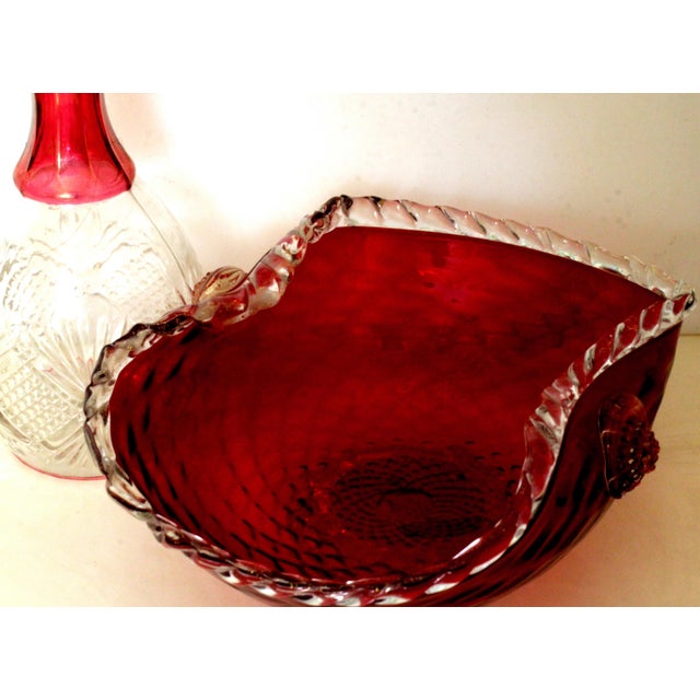 1960s Vintage 1960s Bohemian Cranberry Crystal Decanter & Murano Gold Flake Ruby Glass Bowl Set – Barware Vignette For Sale - Image 5 of 17