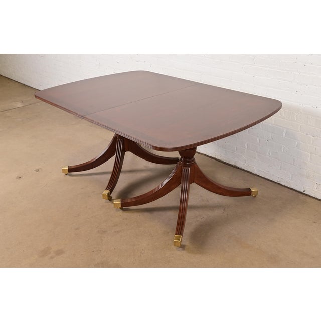 Brown Smith & Watson Georgian Banded Cherry and Burl Wood Double Pedestal Extension Dining Table, Newly Refinished For Sale - Image 8 of 13