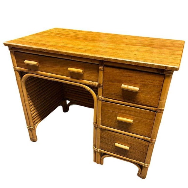 Mid-Century Modern 1940s Restored Bespok Vertically Stacked Rattan Writing Desk W/ Mahogany Top For Sale - Image 3 of 9