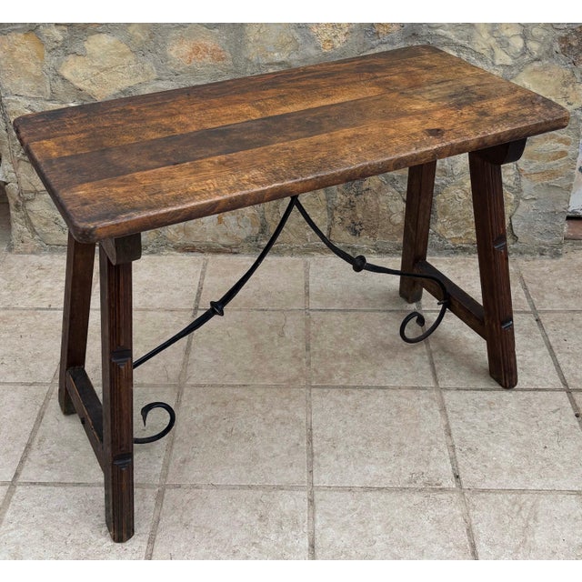 Early 20th Century Spanish Table with Wrought Iron Cross Stretchers For Sale - Image 6 of 7