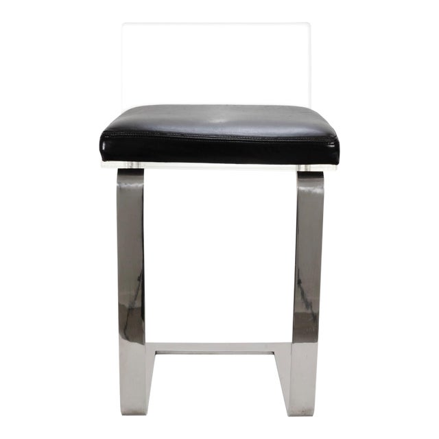 Mid Century Modern Black Leather and Lucite Barstool With Chrome Legs For Sale