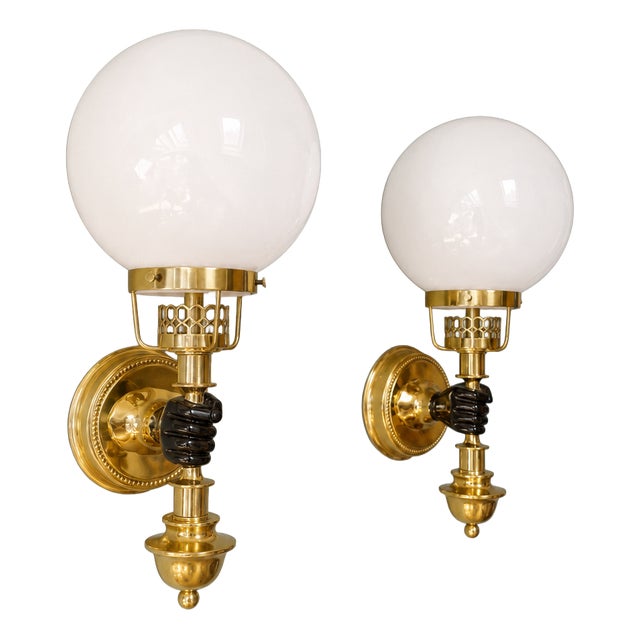 Hollywood Regency Brass Wall Sconces with White Opaline Glass Globes, 1970s, Set of 2 For Sale