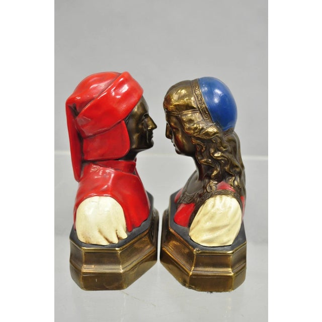 Antique Dante & Beatrice Painted Figural Bronze Bust Bookends - A Pair For Sale - Image 10 of 10